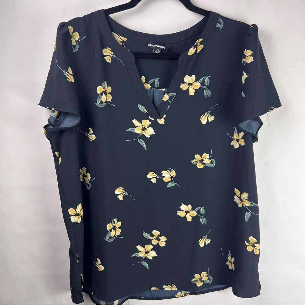 Hilary Radley Navy Floral Blouse, Yellow Flowers, Polyester, Flutter Sleeve Top - Picture 3 of 12